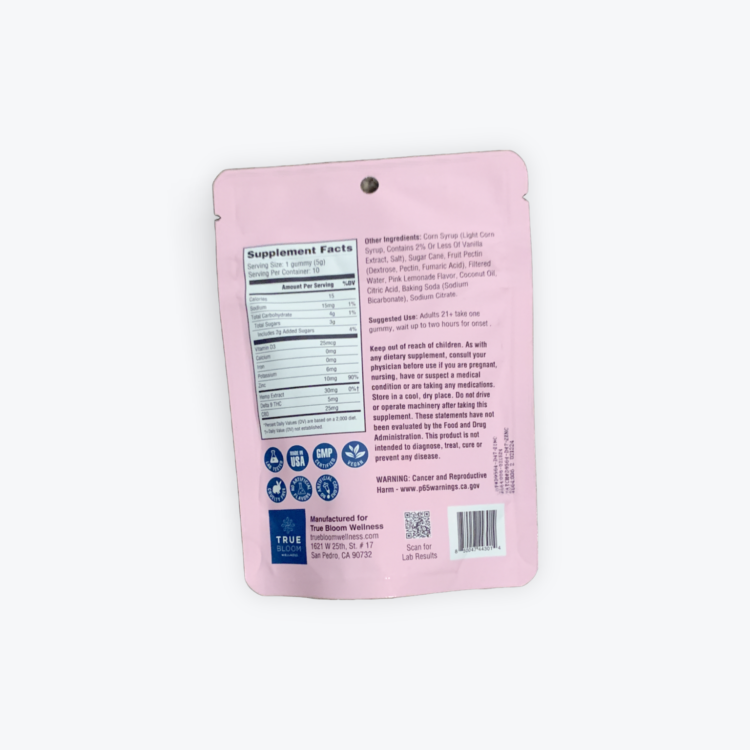 True Bloom Immunity Pink Lemonade Gummies, THC, CBD, Vitamin C and Zinc - Image 2