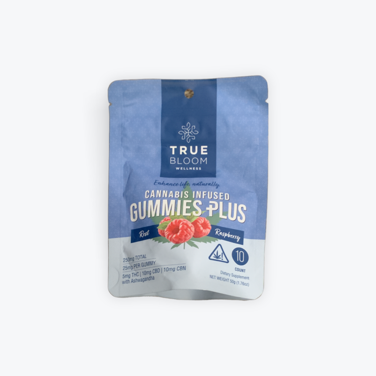 True Bloom Rest Raspberry Gummies THC, CBD, CBN, Ashwagandha